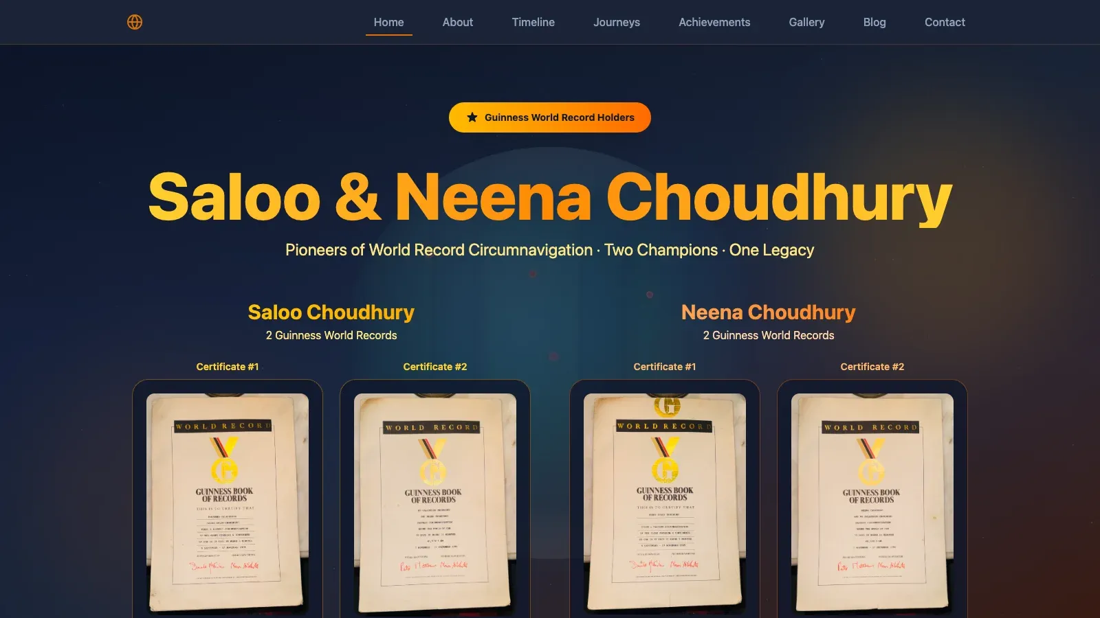 Saloo & Neena Choudhury — hero section with their Guinness World Record certificates